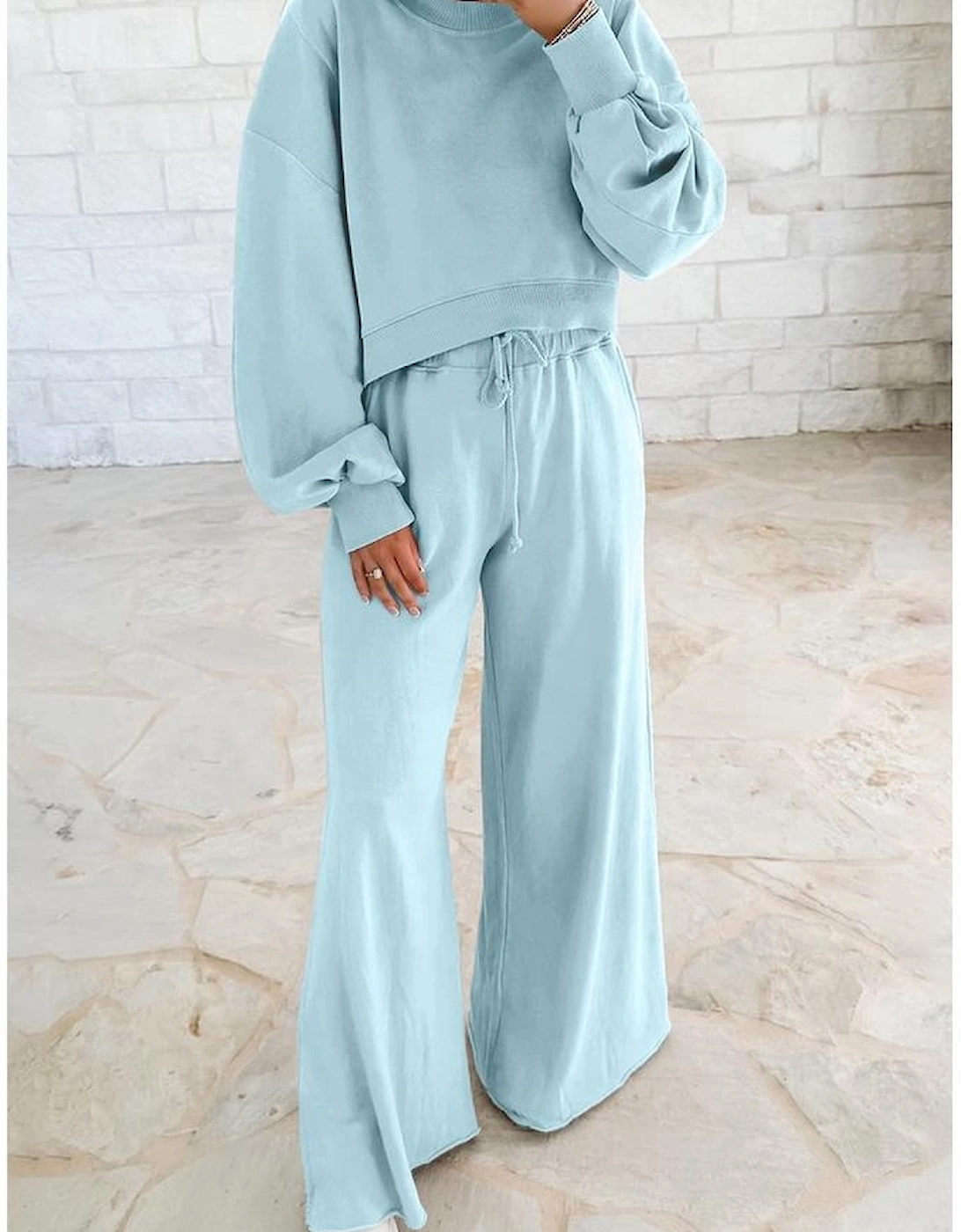 Mist Blue Drop Shoulder Puff Sleeve Crop Pullover Drawstring Wide Leg Pants Set