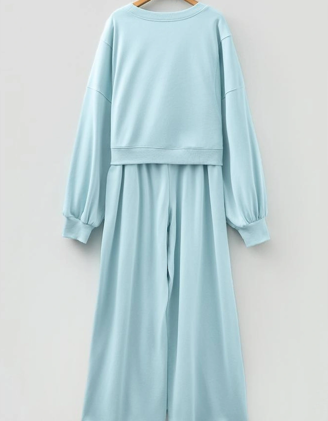Mist Blue Drop Shoulder Puff Sleeve Crop Pullover Drawstring Wide Leg Pants Set