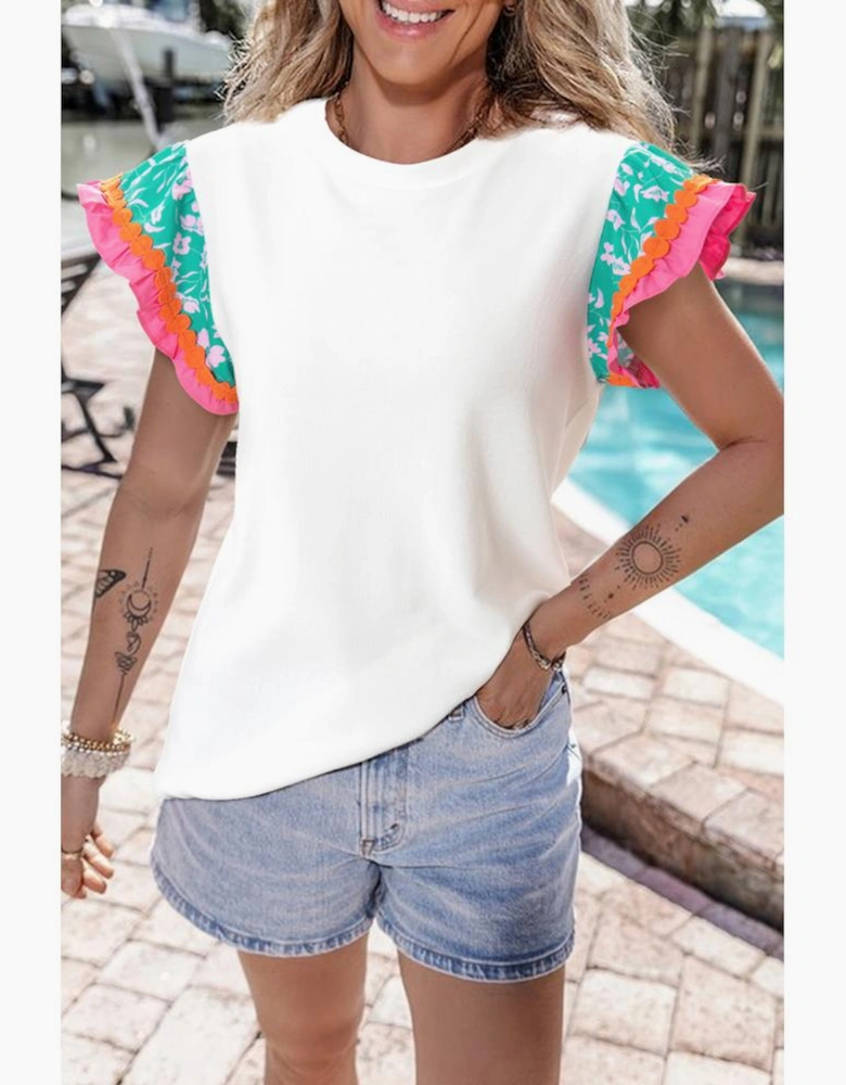 White Contrast Ricrac Floral Sleeve Top