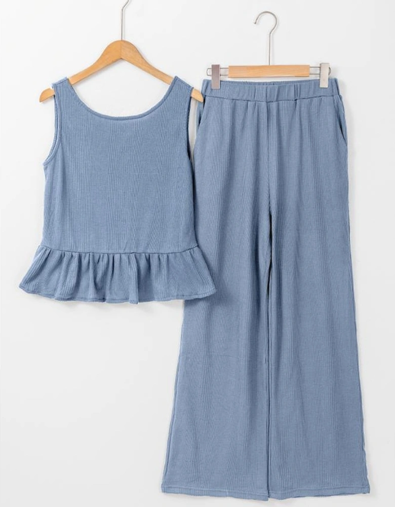 Beau Blue Solid Color Ribbed Ruffle Tank Top and Pants Set