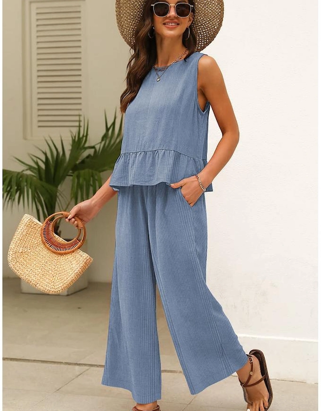 Beau Blue Solid Color Ribbed Ruffle Tank Top and Pants Set