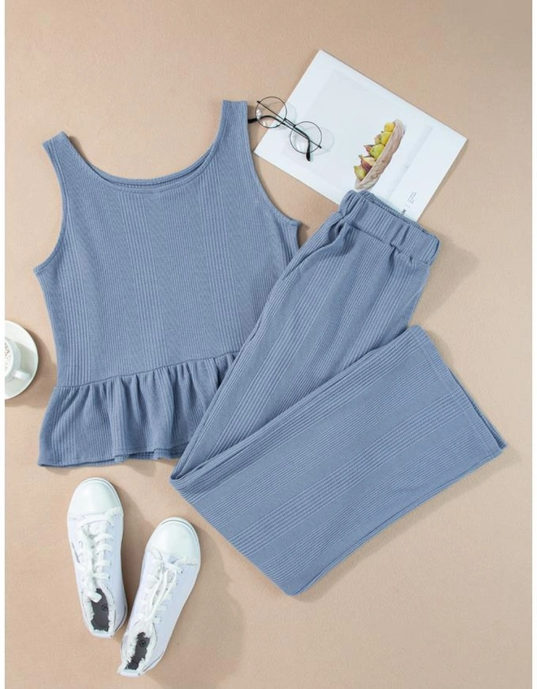 Beau Blue Solid Color Ribbed Ruffle Tank Top and Pants Set