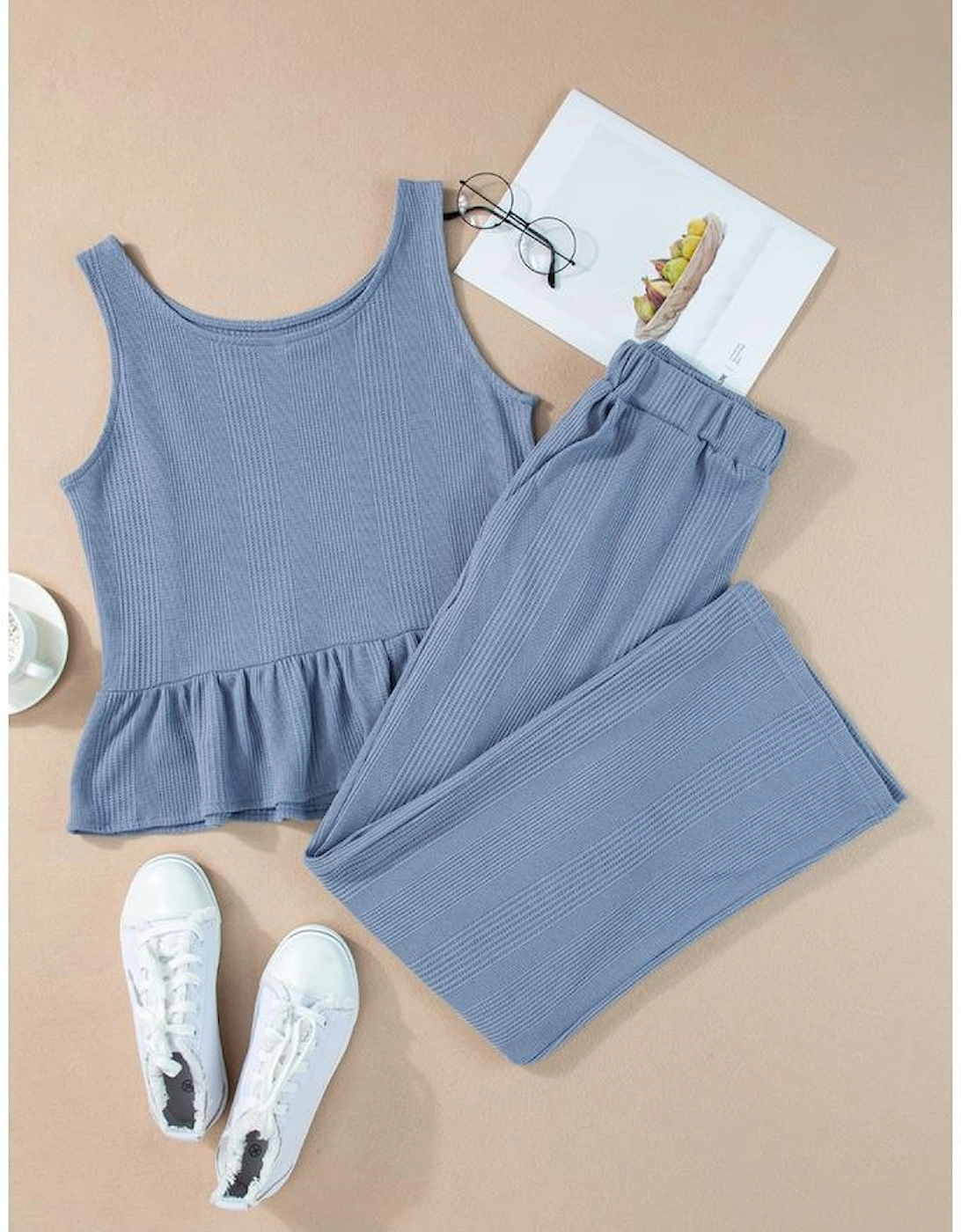 Beau Blue Solid Color Ribbed Ruffle Tank Top and Pants Set