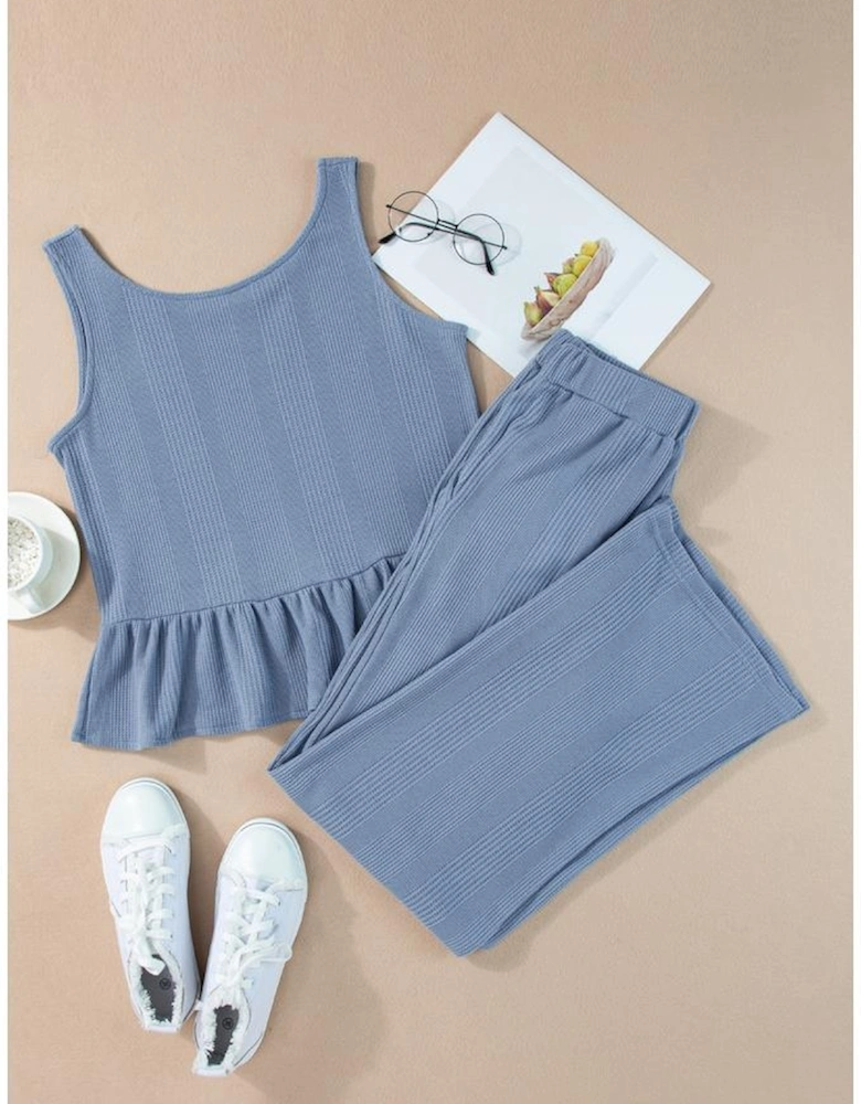 Beau Blue Solid Color Ribbed Ruffle Tank Top and Pants Set
