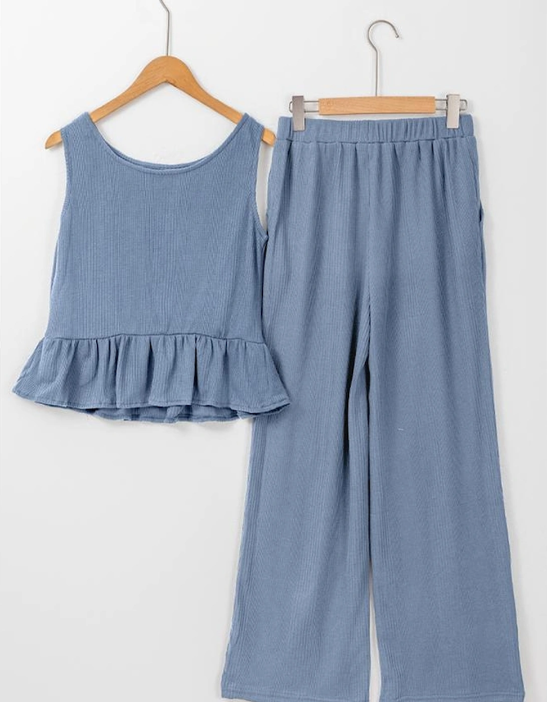 Beau Blue Solid Color Ribbed Ruffle Tank Top and Pants Set