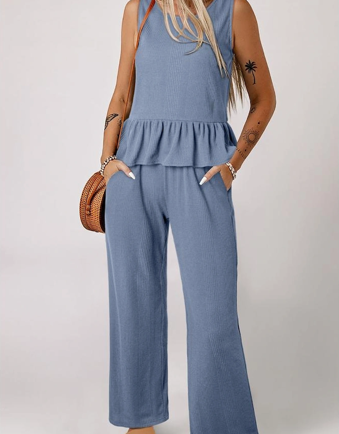 Beau Blue Solid Color Ribbed Ruffle Tank Top and Pants Set