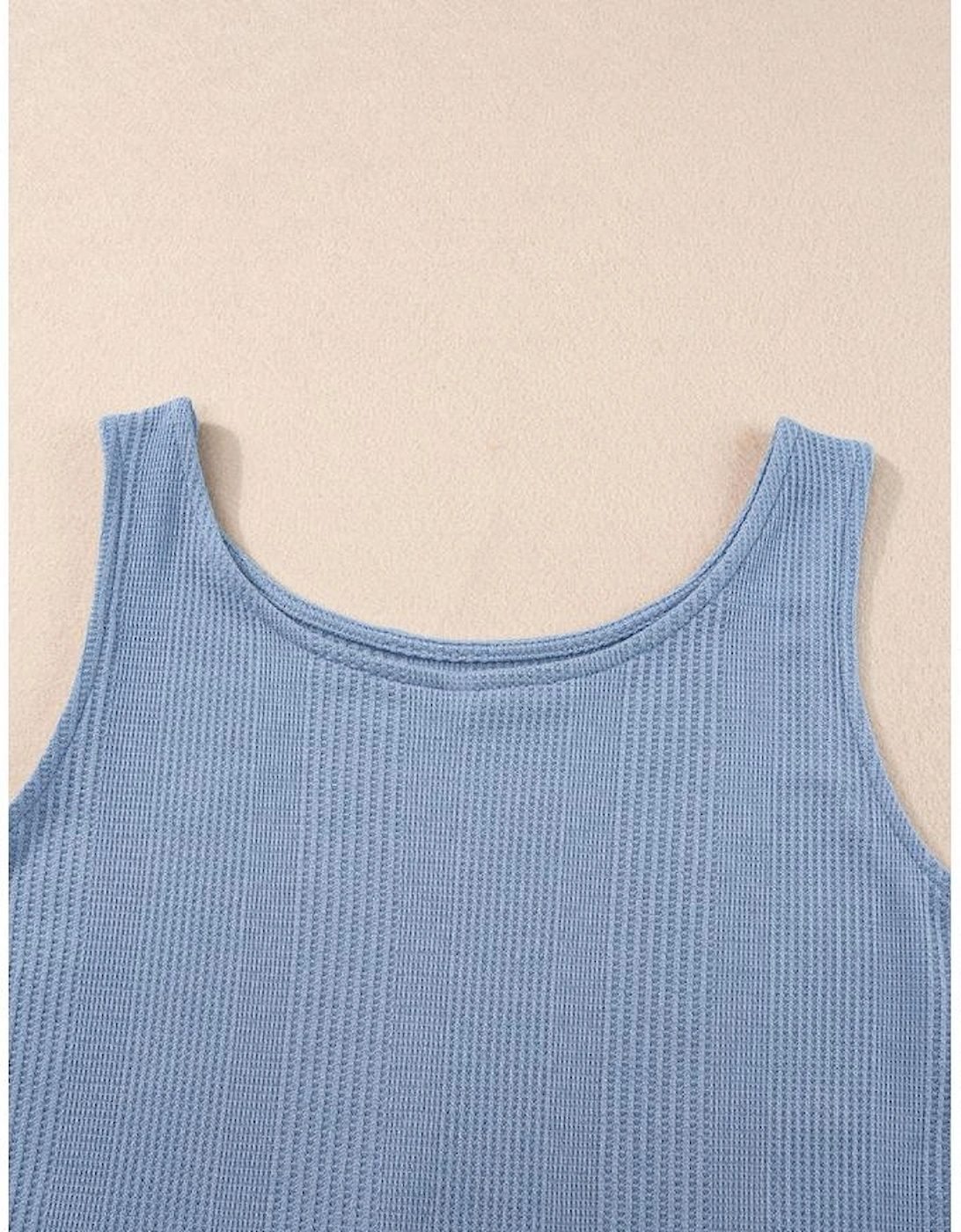 Beau Blue Solid Color Ribbed Ruffle Tank Top and Pants Set