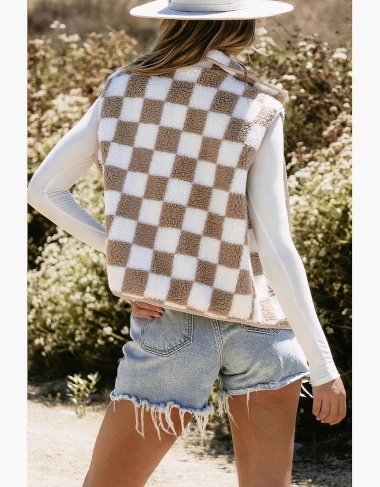 Khaki Checkered Sherpa Collared Jacket Vest