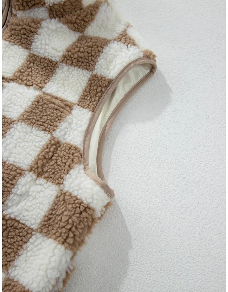 Khaki Checkered Sherpa Collared Jacket Vest
