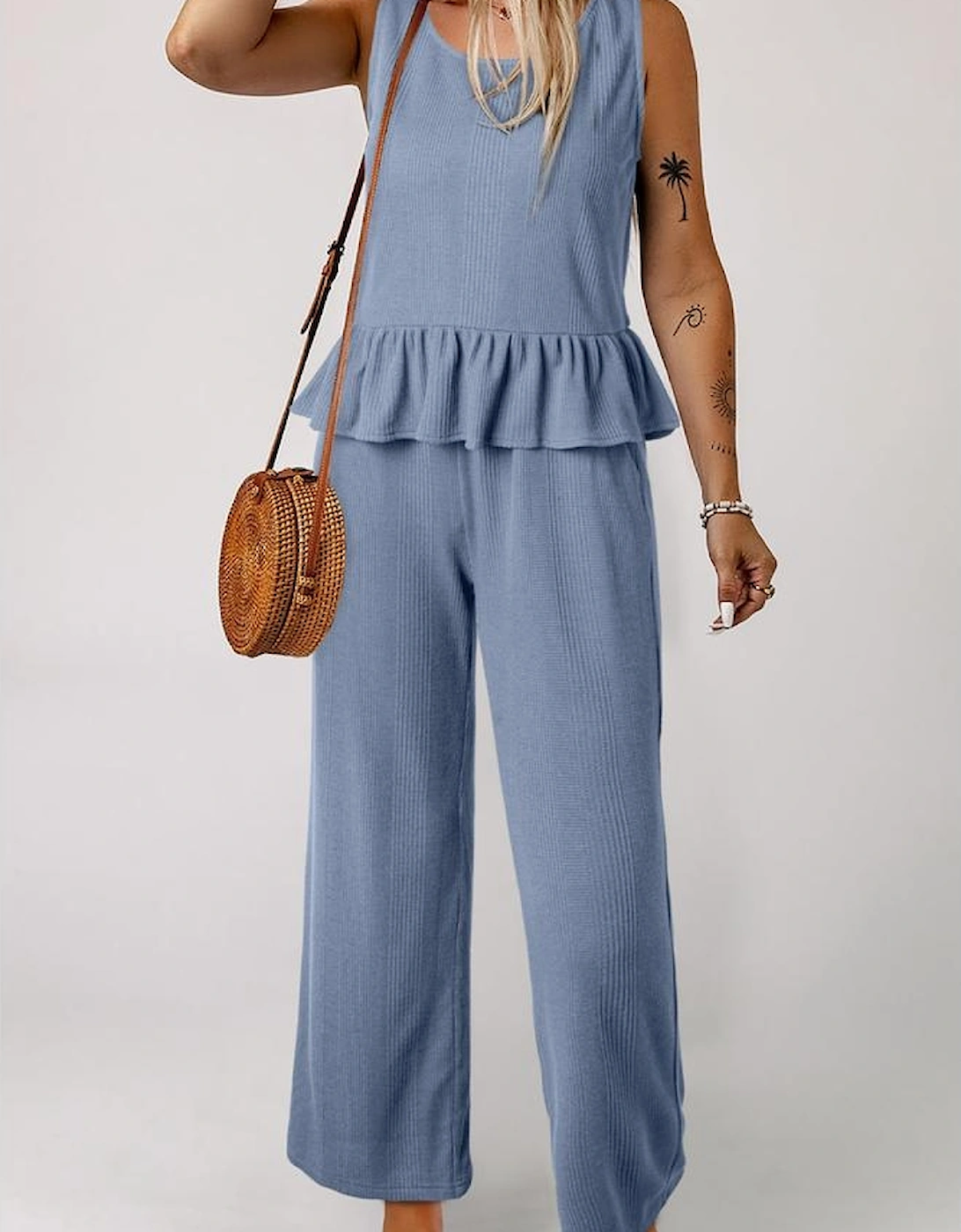 Beau Blue Solid Color Ribbed Ruffle Tank Top and Pants Set
