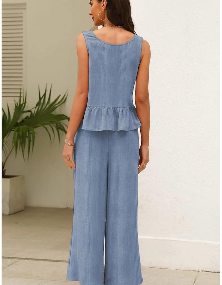 Beau Blue Solid Color Ribbed Ruffle Tank Top and Pants Set