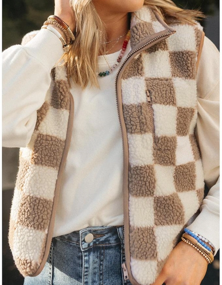 Khaki Checkered Sherpa Collared Jacket Vest
