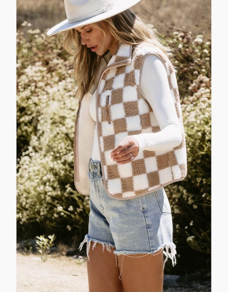 Khaki Checkered Sherpa Collared Jacket Vest