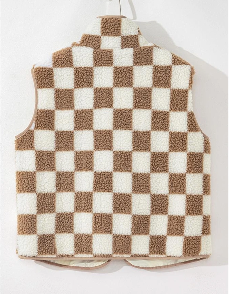 Khaki Checkered Sherpa Collared Jacket Vest