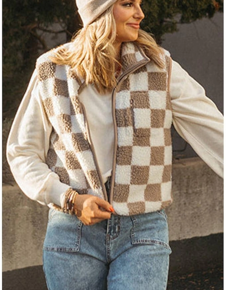 Khaki Checkered Sherpa Collared Jacket Vest