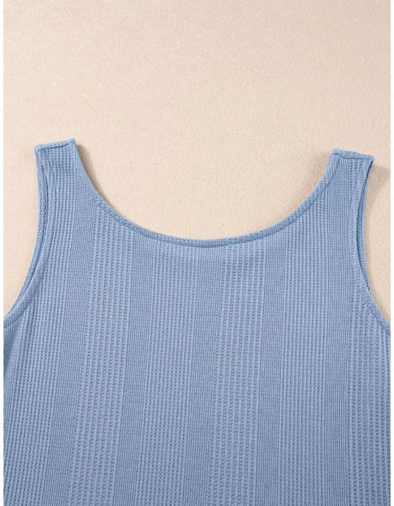 Beau Blue Solid Color Ribbed Ruffle Tank Top and Pants Set