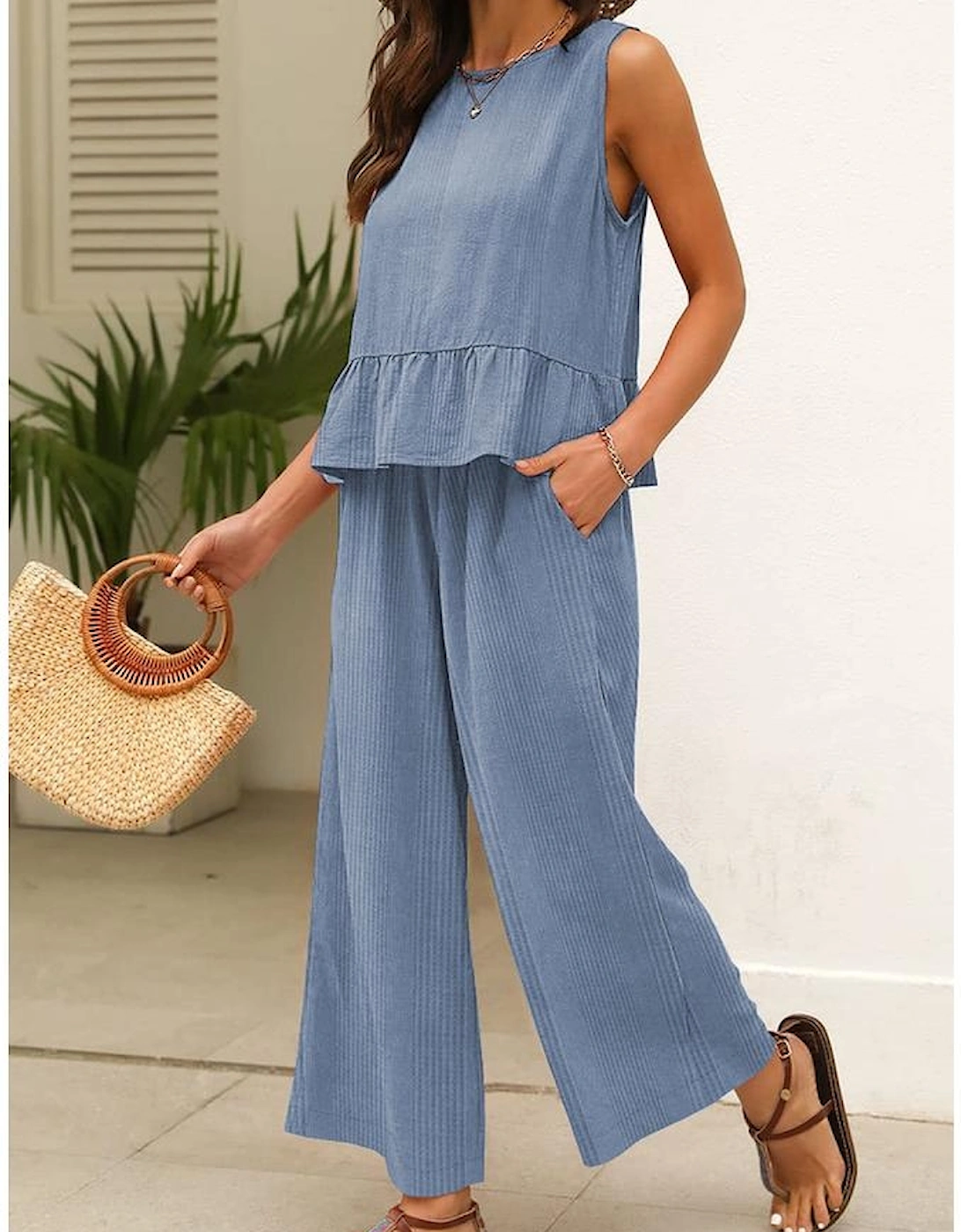 Beau Blue Solid Color Ribbed Ruffle Tank Top and Pants Set