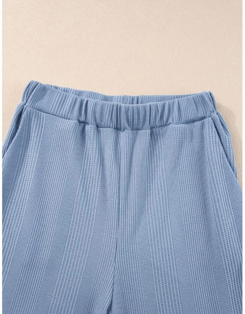 Beau Blue Solid Color Ribbed Ruffle Tank Top and Pants Set