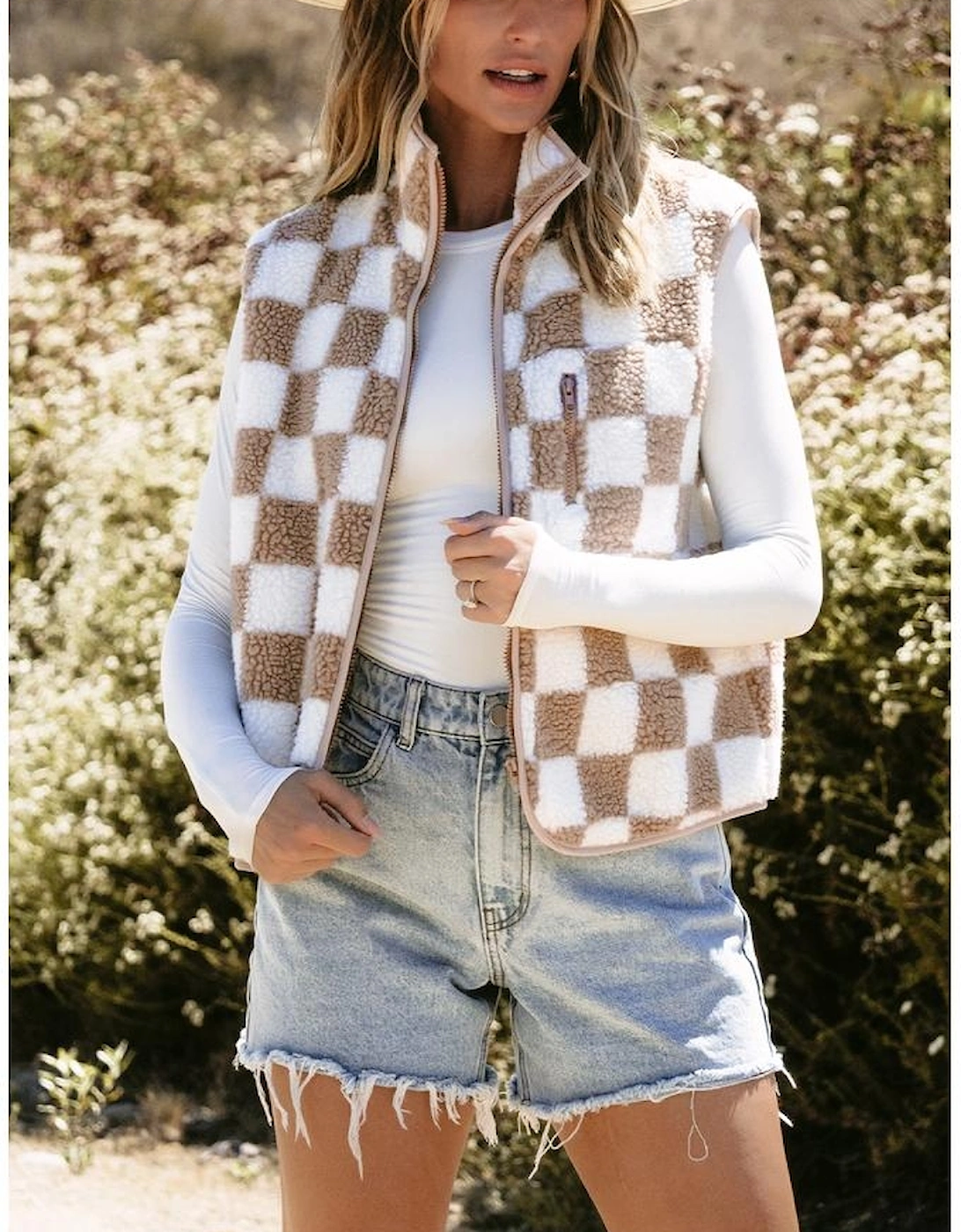 Khaki Checkered Sherpa Collared Jacket Vest