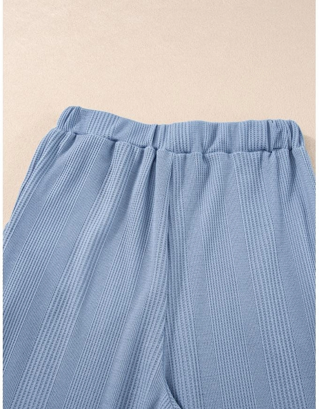 Beau Blue Solid Color Ribbed Ruffle Tank Top and Pants Set