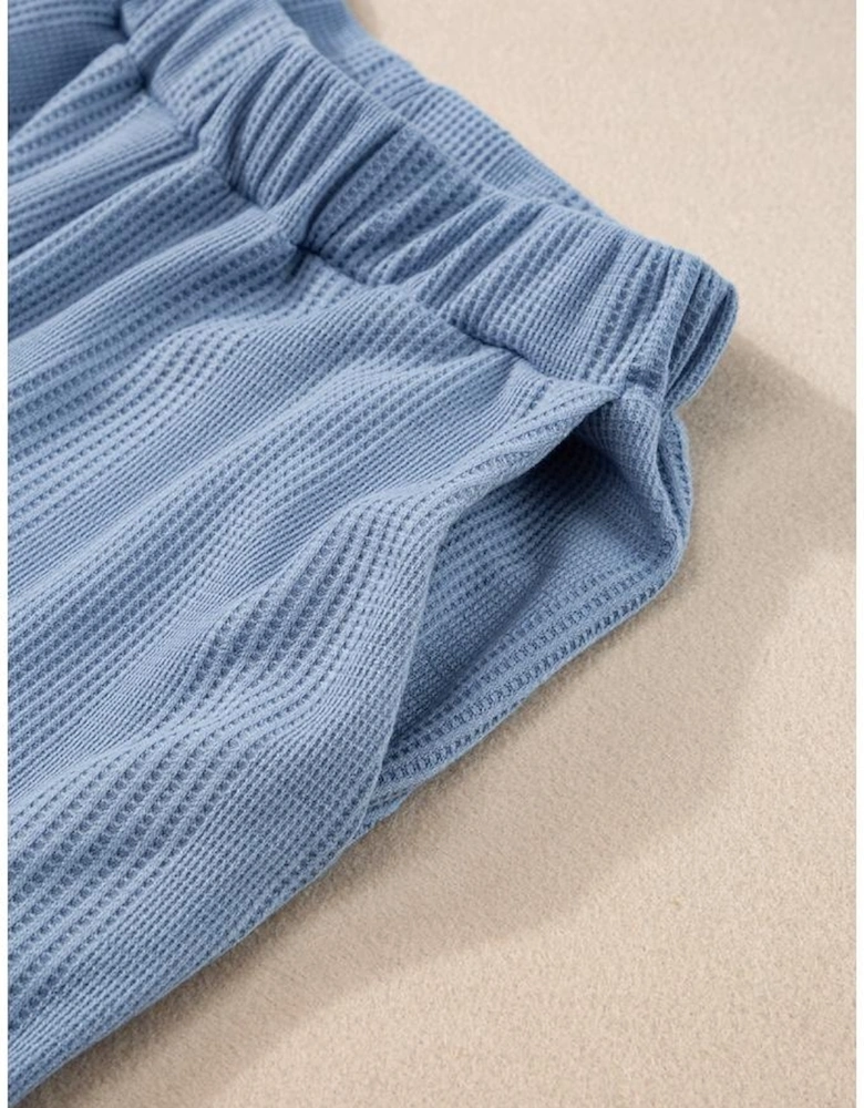 Beau Blue Solid Color Ribbed Ruffle Tank Top and Pants Set