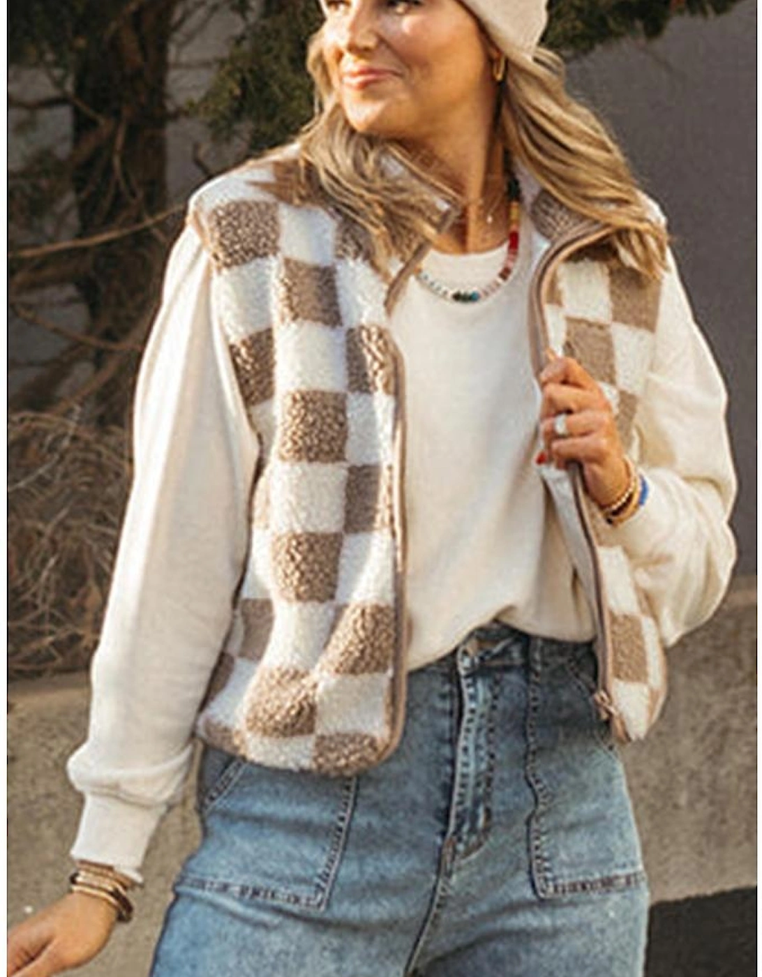 Khaki Checkered Sherpa Collared Jacket Vest