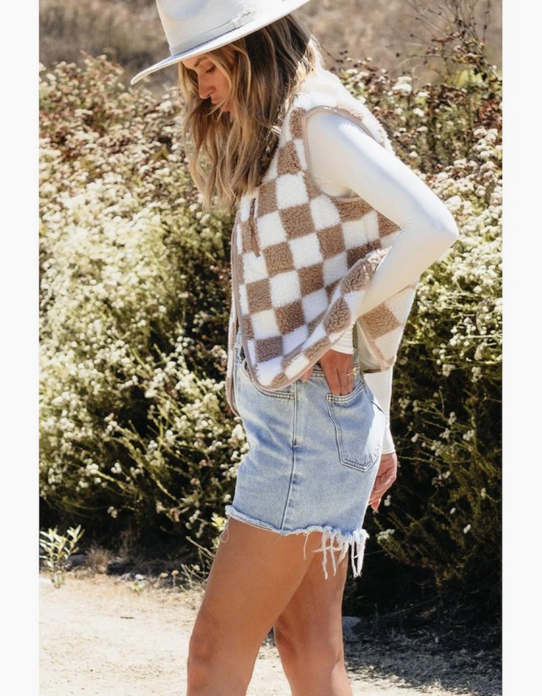 Khaki Checkered Sherpa Collared Jacket Vest