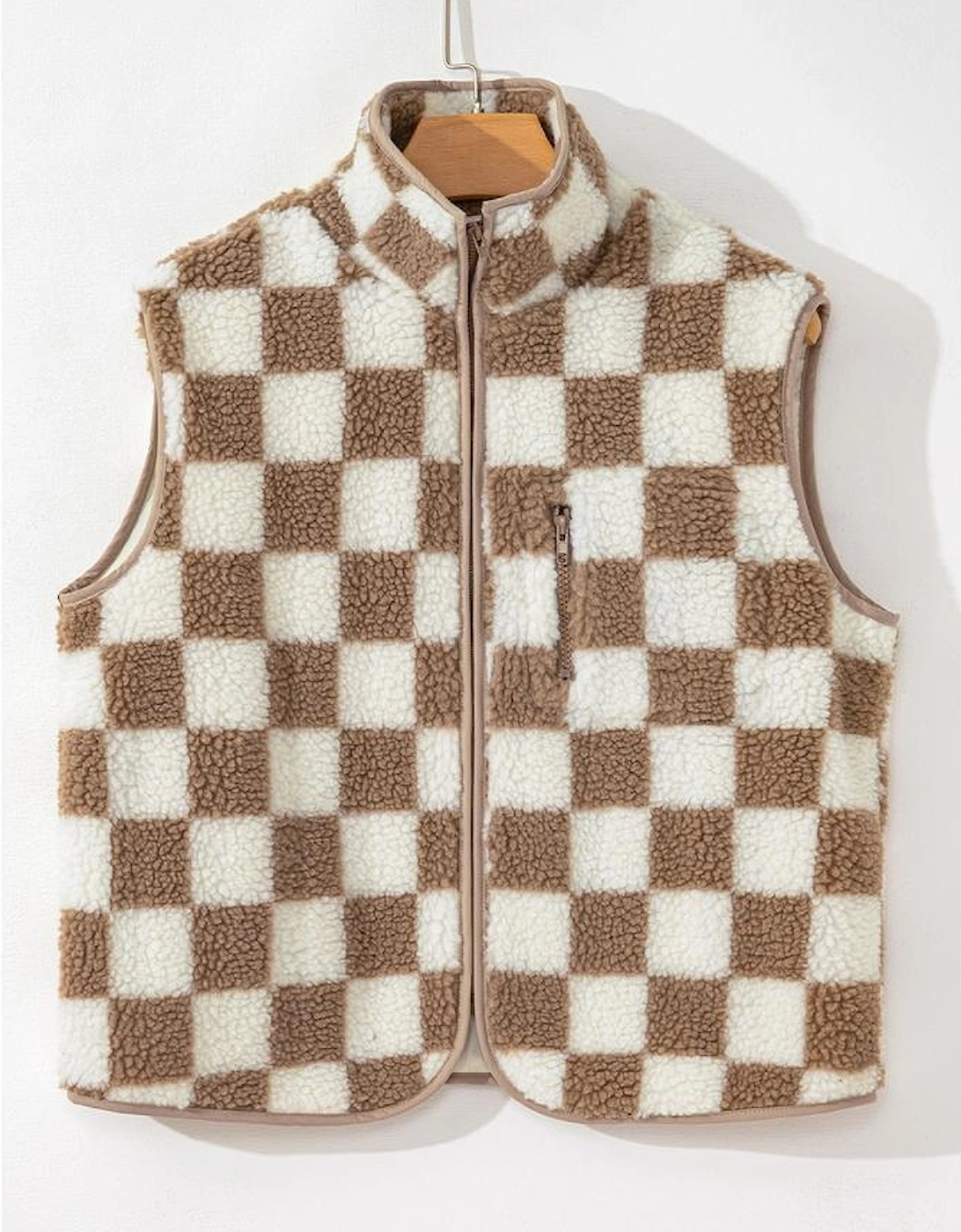 Khaki Checkered Sherpa Collared Jacket Vest