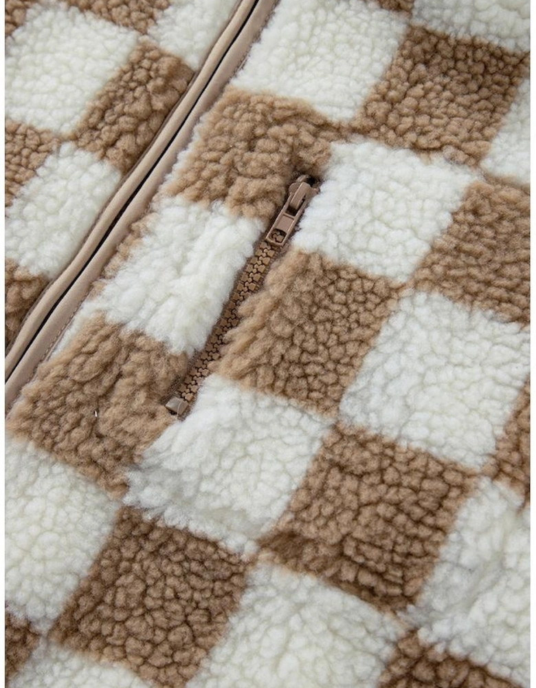 Khaki Checkered Sherpa Collared Jacket Vest