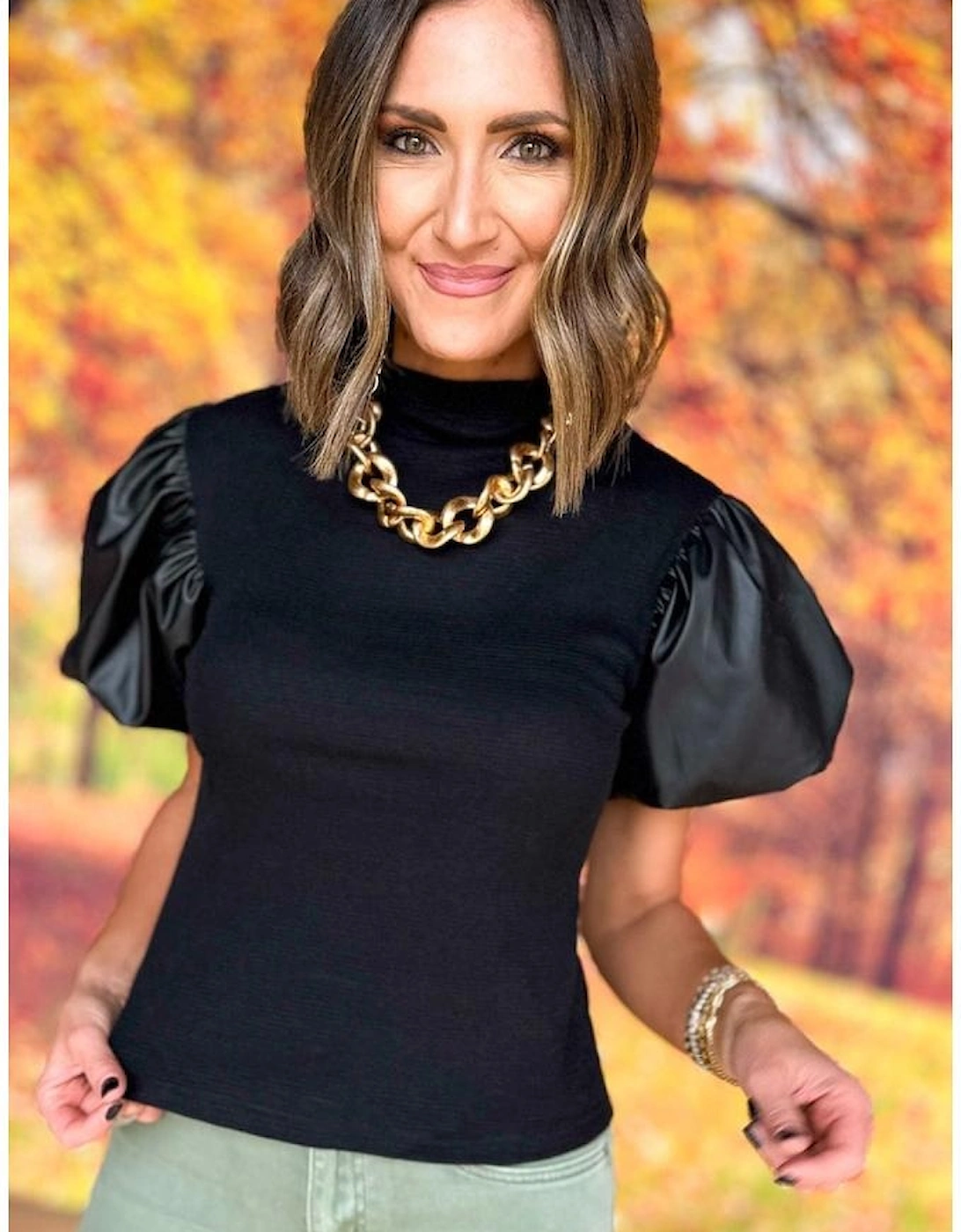 Azura Exchange Black Faux Leather Puff Short Sleeve Mock Neck Top, 5 of 4