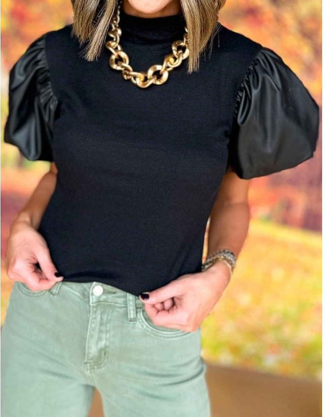 Azura Exchange Black Faux Leather Puff Short Sleeve Mock Neck Top