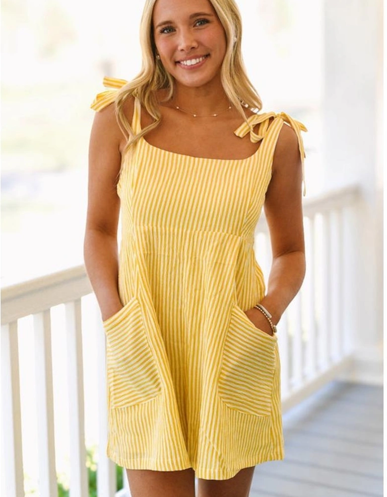 Yellow Stripe Shoulder Tie Smocked Back Wide Leg Casual Romper