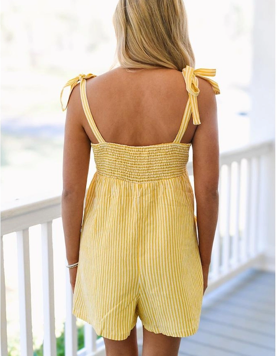 Yellow Stripe Shoulder Tie Smocked Back Wide Leg Casual Romper, 5 of 4