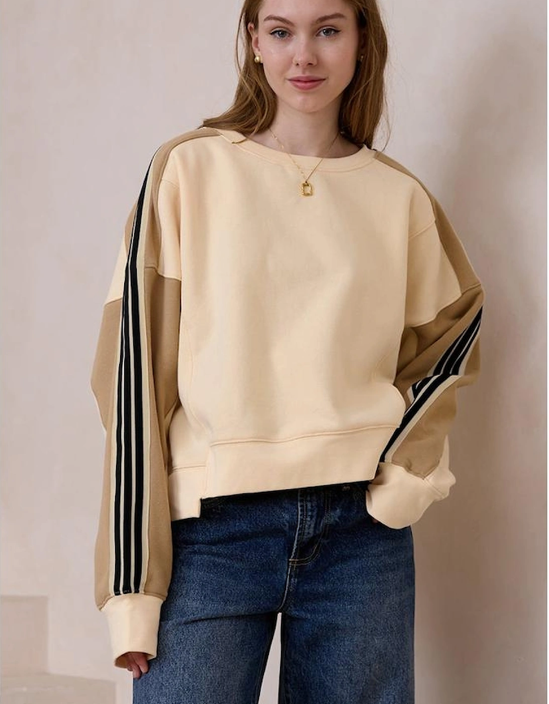 Beige Contrast Striped Patchwork Drop Shoulder Loose Sweatshirt, 14 of 13