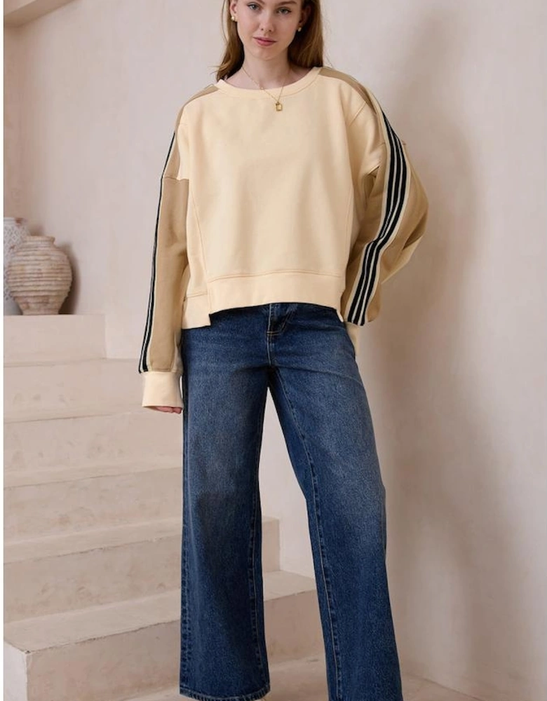 Beige Contrast Striped Patchwork Drop Shoulder Loose Sweatshirt