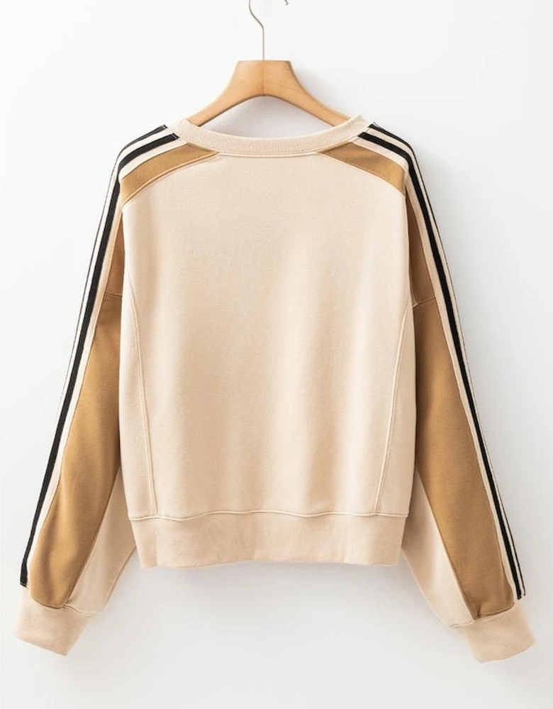 Beige Contrast Striped Patchwork Drop Shoulder Loose Sweatshirt