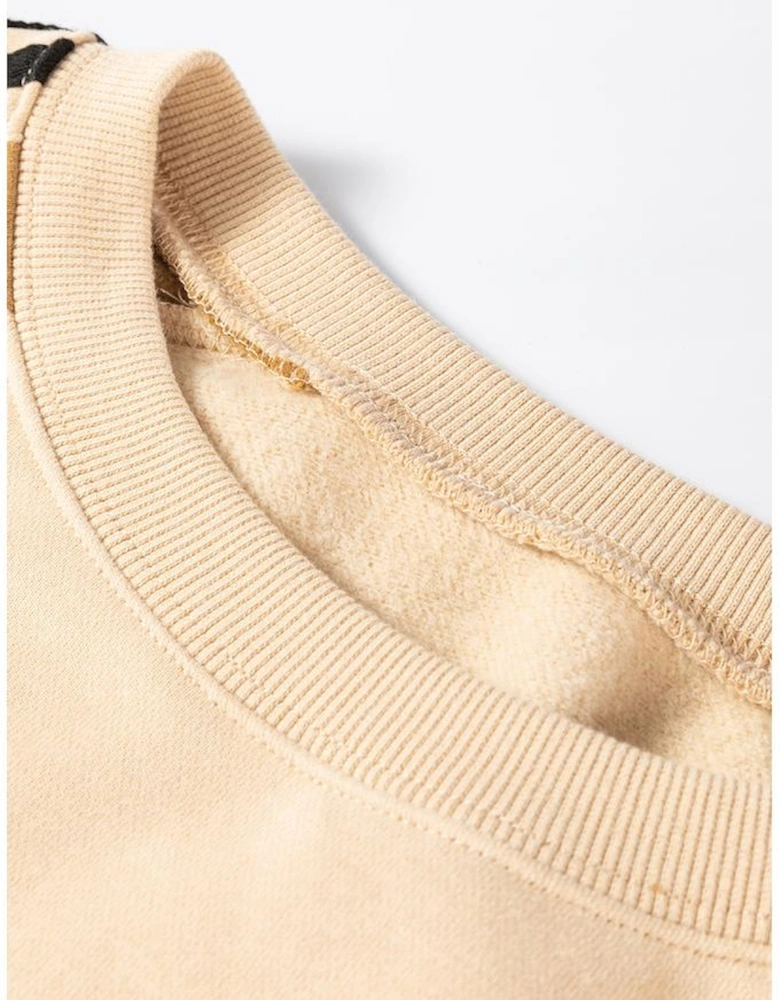 Beige Contrast Striped Patchwork Drop Shoulder Loose Sweatshirt