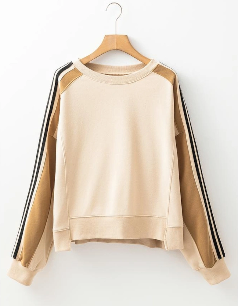 Beige Contrast Striped Patchwork Drop Shoulder Loose Sweatshirt