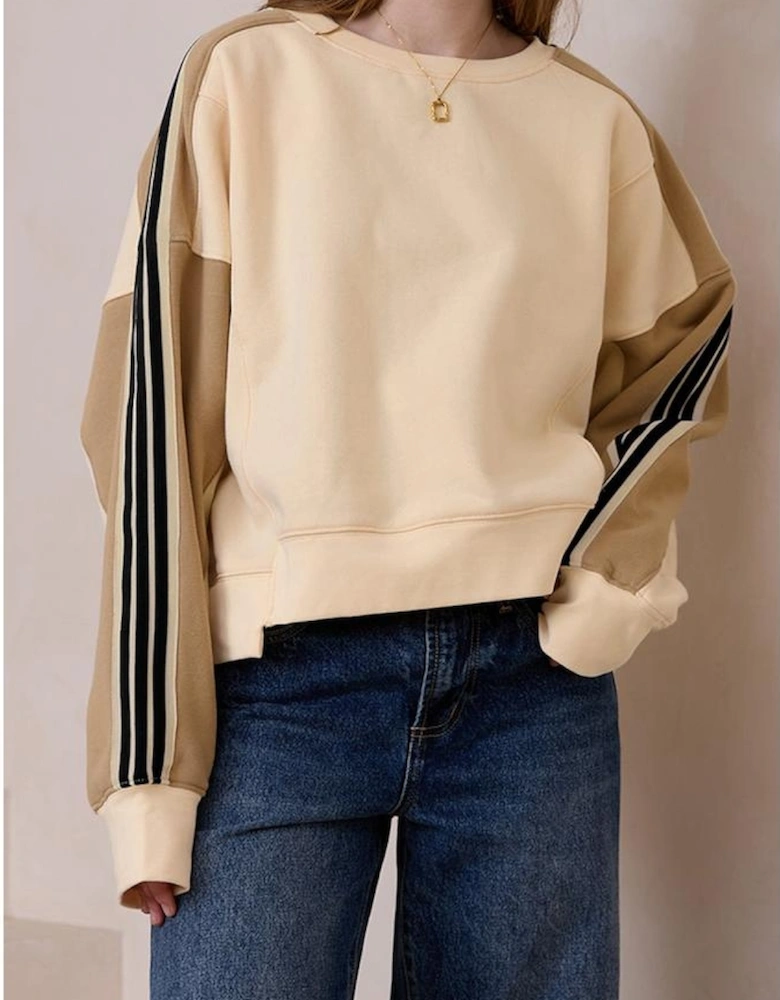 Beige Contrast Striped Patchwork Drop Shoulder Loose Sweatshirt