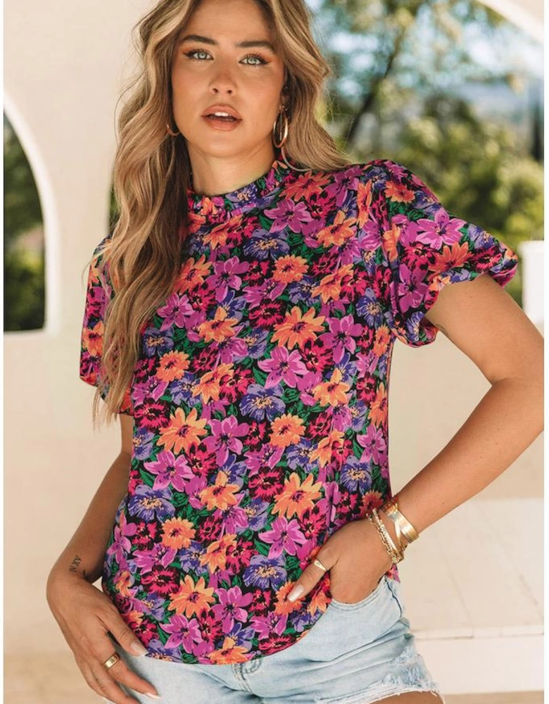 Multicolor Floral Print Round Neck Puff Sleeve Blouse