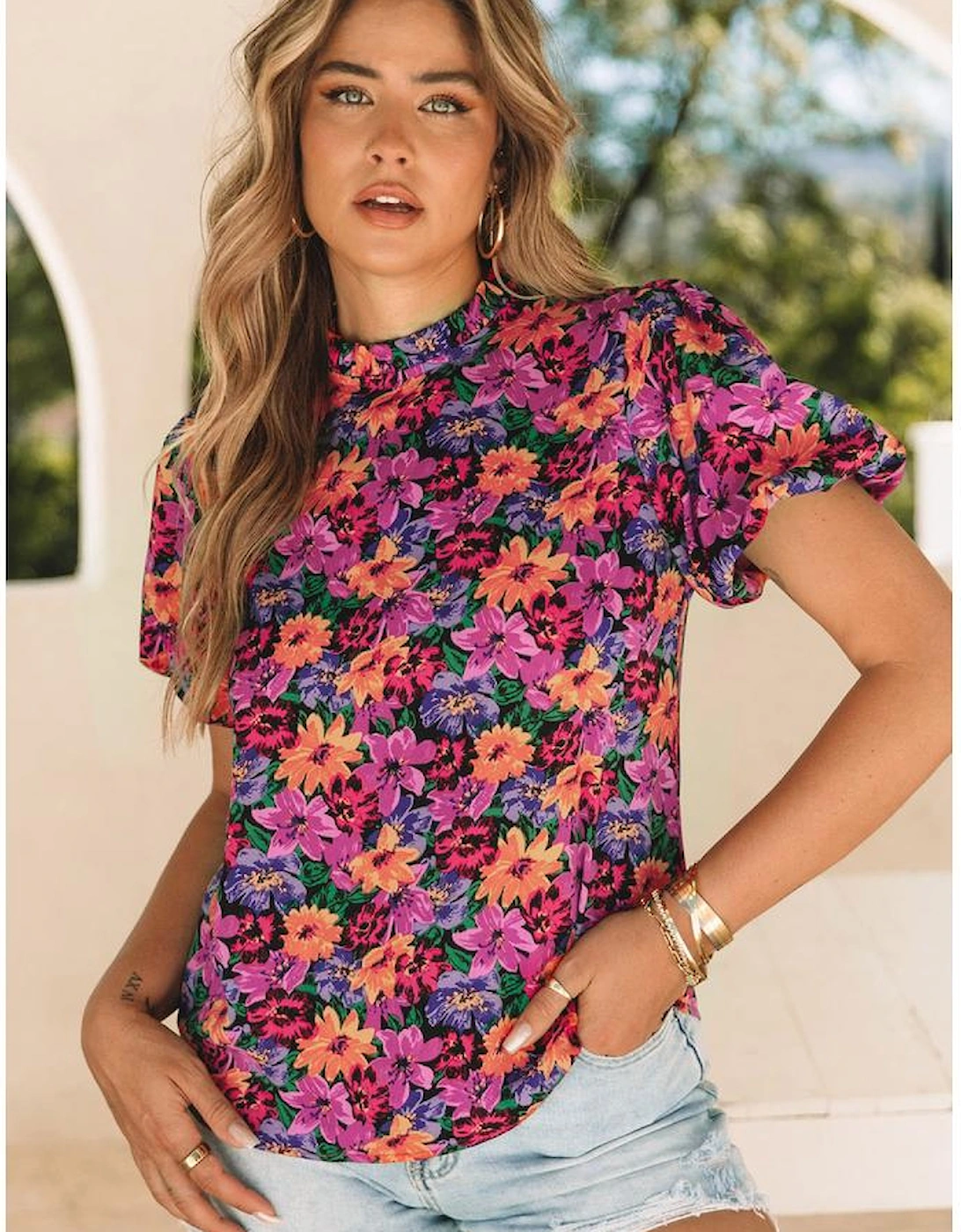 Multicolor Floral Print Round Neck Puff Sleeve Blouse