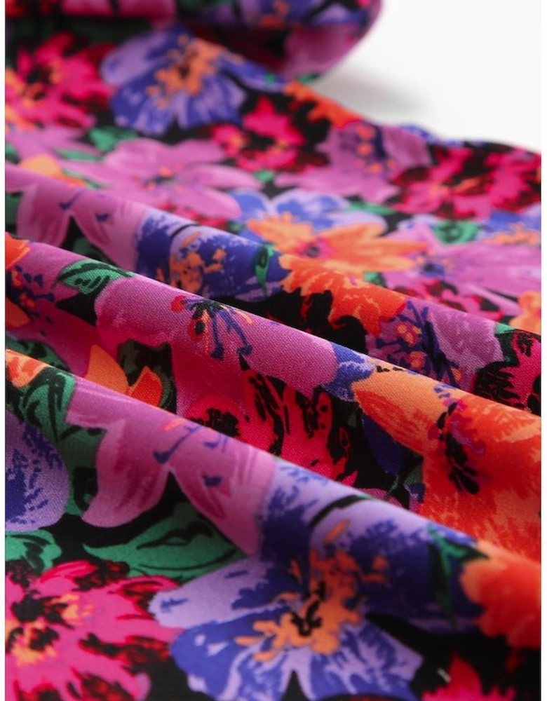 Multicolor Floral Print Round Neck Puff Sleeve Blouse