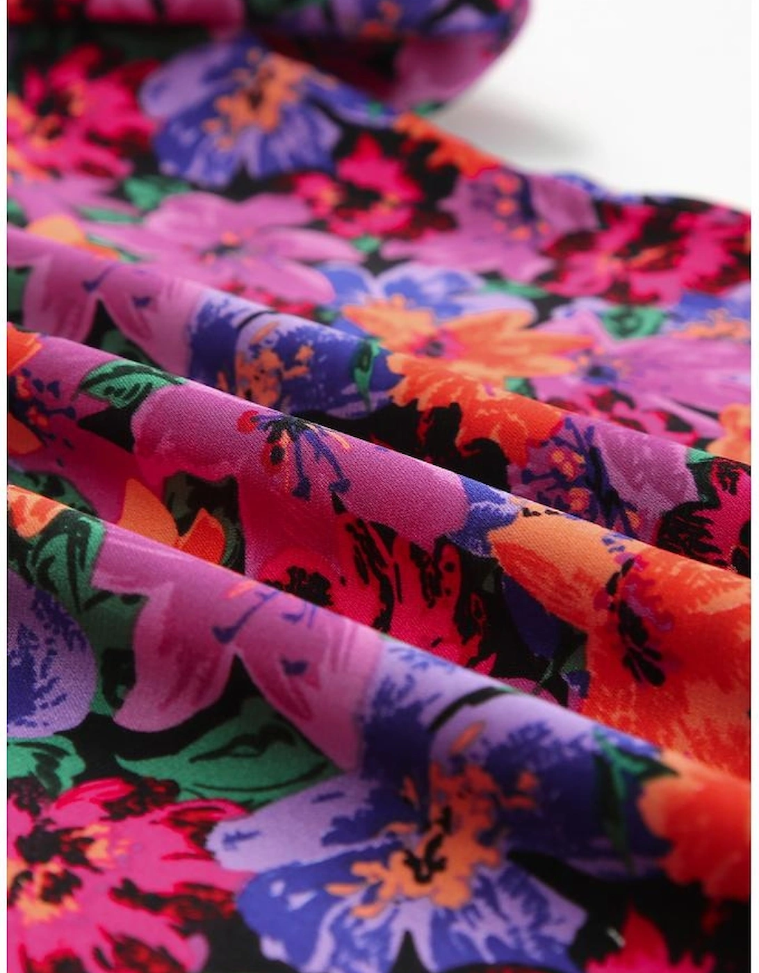 Multicolor Floral Print Round Neck Puff Sleeve Blouse