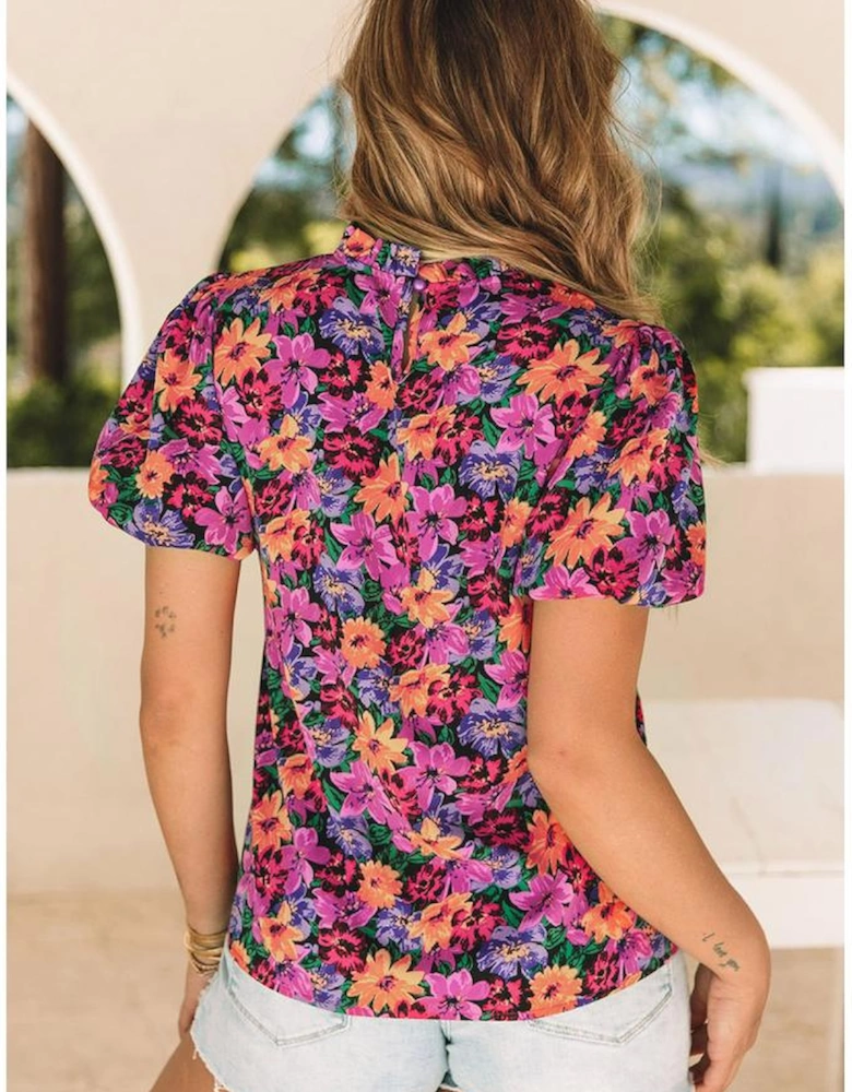 Multicolor Floral Print Round Neck Puff Sleeve Blouse
