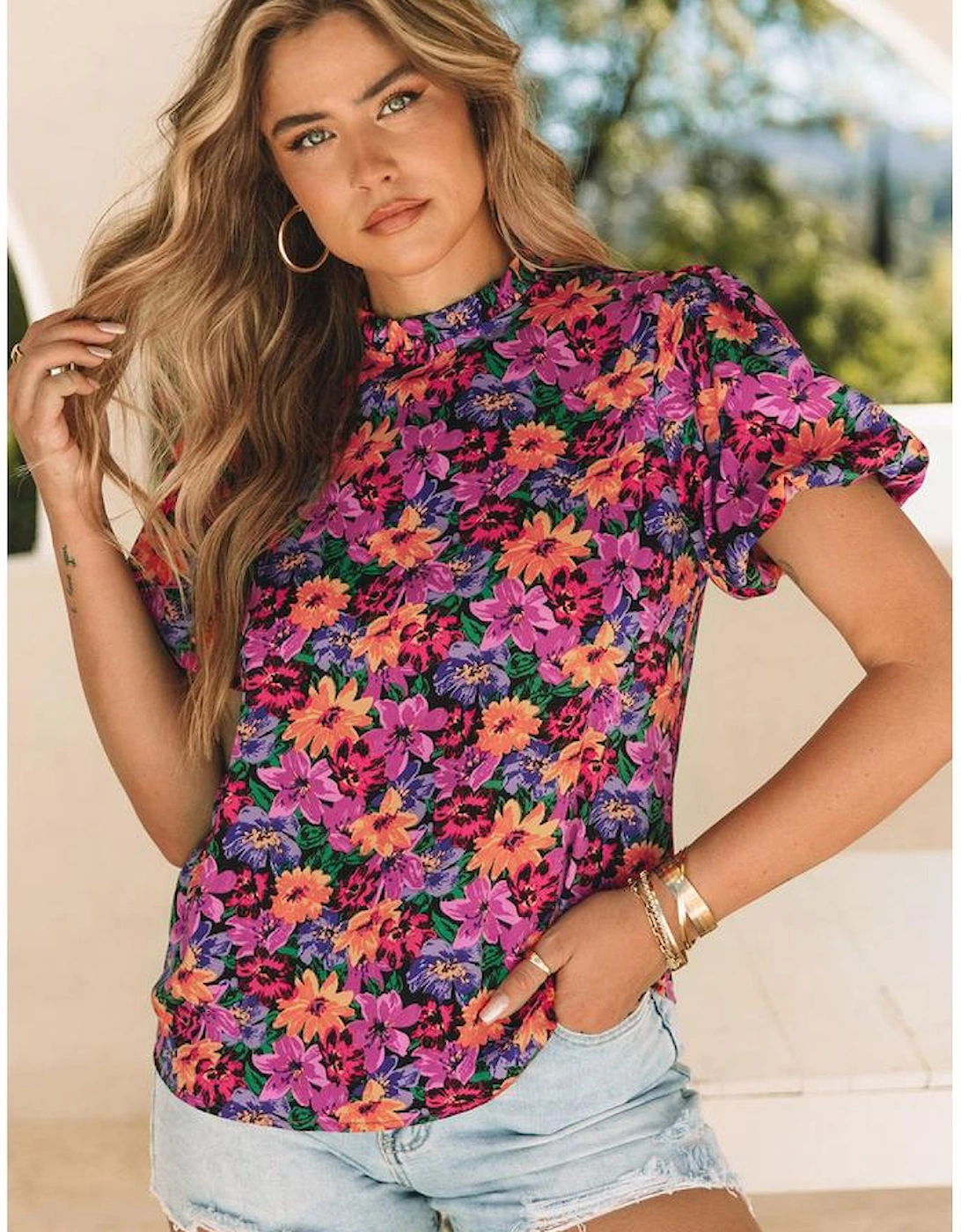 Multicolor Floral Print Round Neck Puff Sleeve Blouse