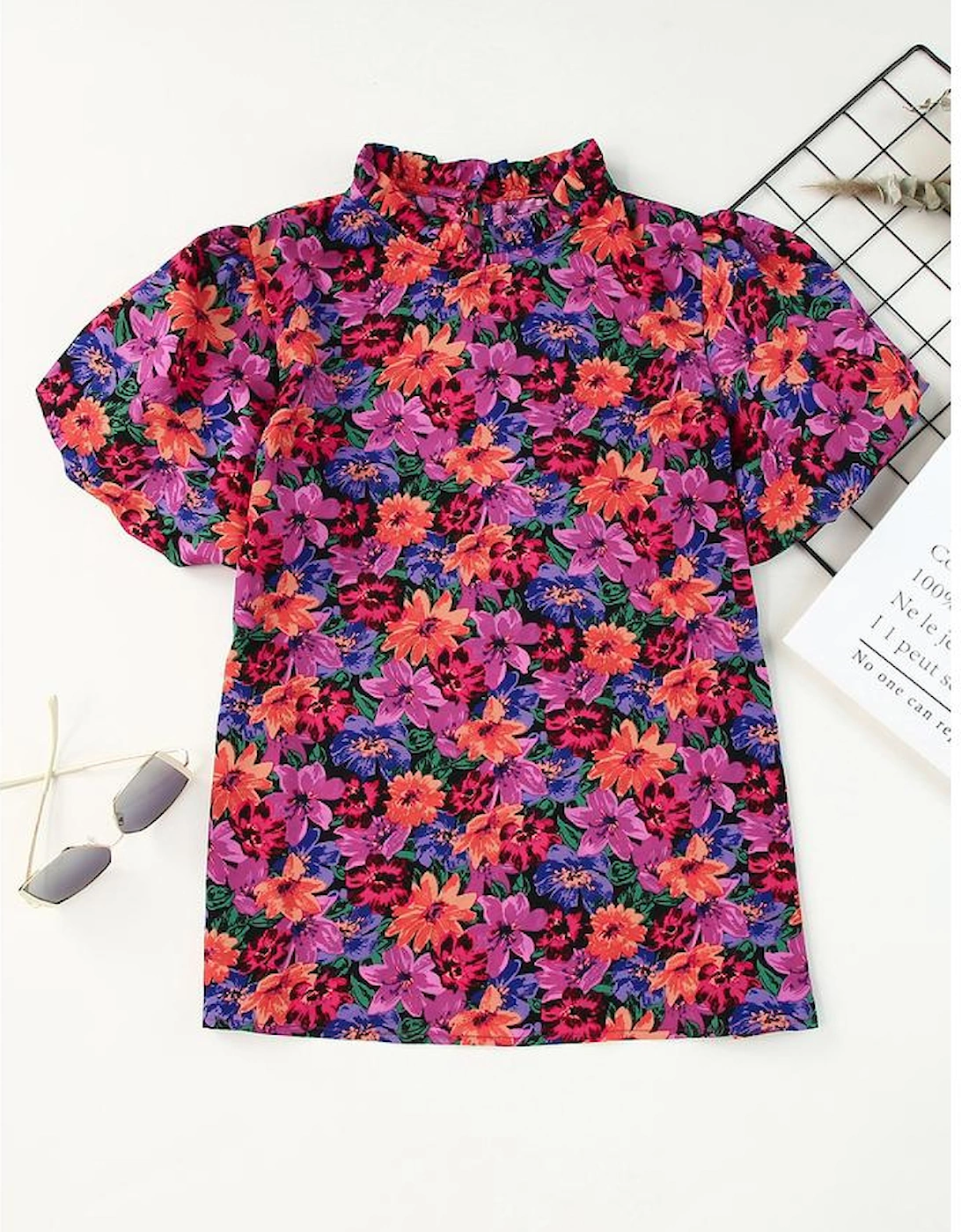 Multicolor Floral Print Round Neck Puff Sleeve Blouse