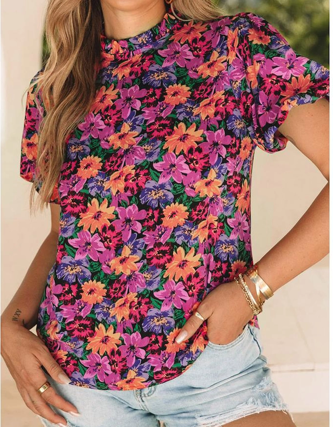 Multicolor Floral Print Round Neck Puff Sleeve Blouse