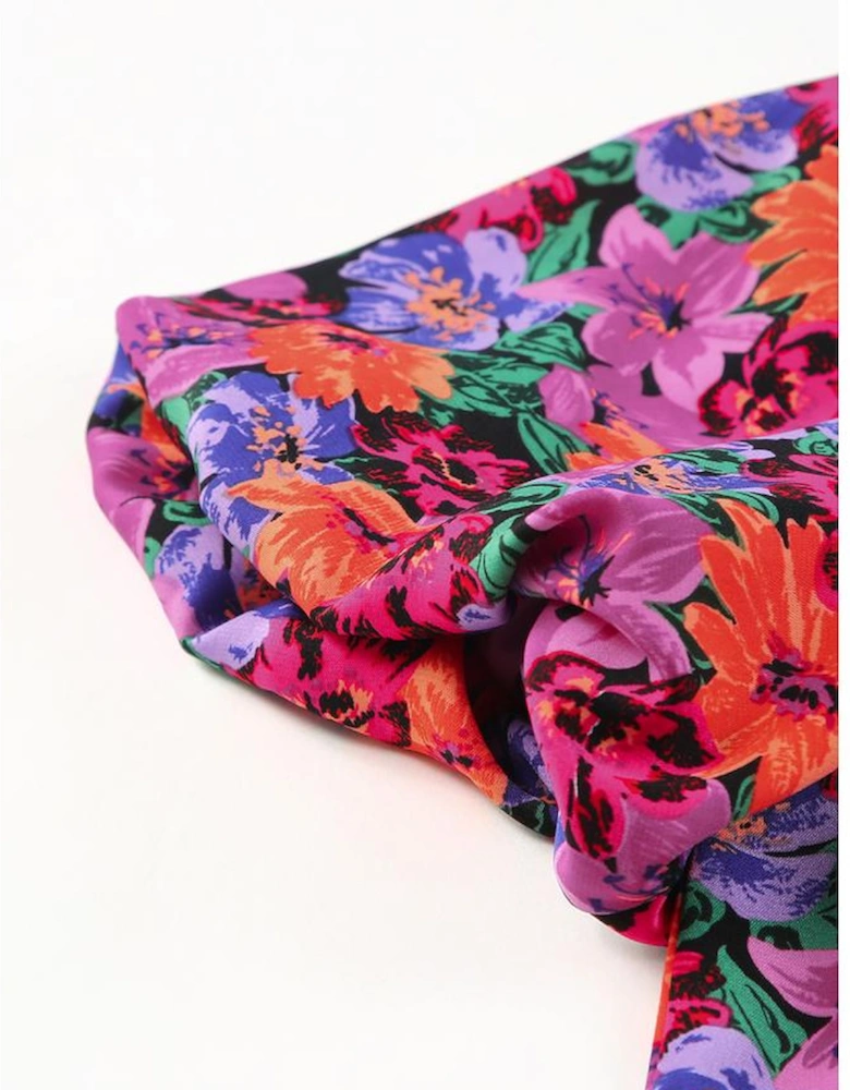 Multicolor Floral Print Round Neck Puff Sleeve Blouse