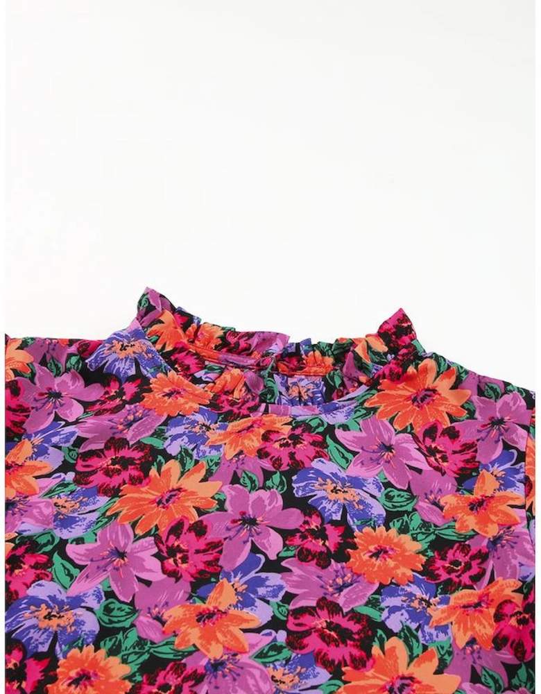 Multicolor Floral Print Round Neck Puff Sleeve Blouse