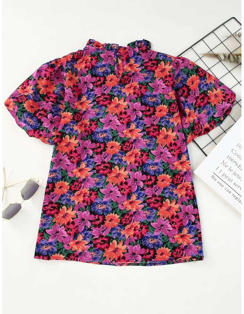 Multicolor Floral Print Round Neck Puff Sleeve Blouse